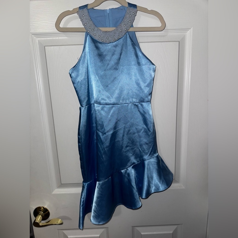 Rare Editions Blue Dress with Pearl Embellishments
